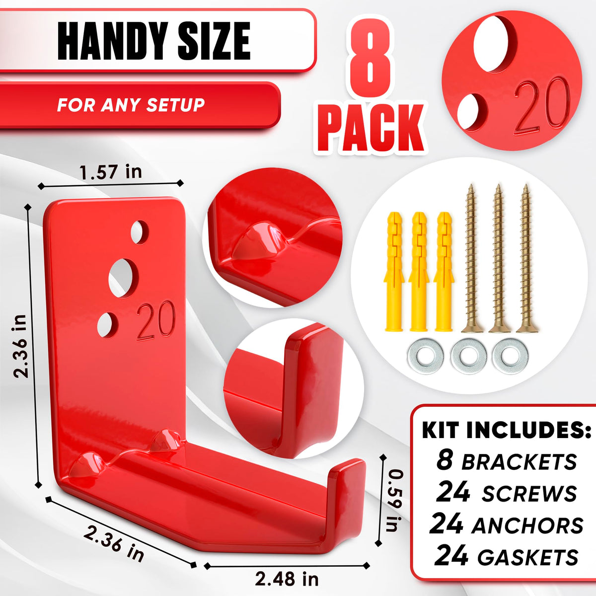 Reluen bracket kit includes screws, anchors, and gaskets for quick installation.