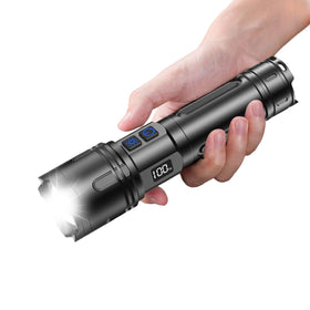 Relybo R227 flashlight front view showing compact handheld design for outdoor use