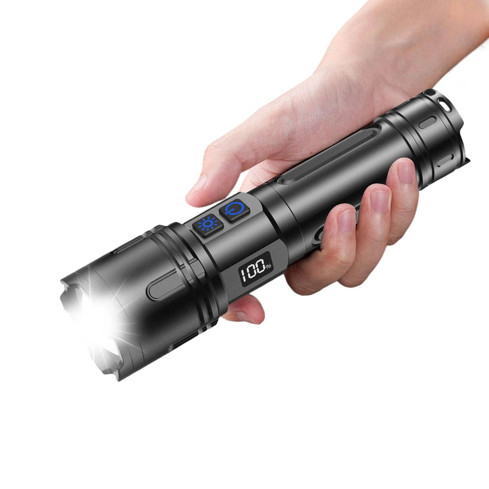 Relybo R227 flashlight front view showing compact handheld design for outdoor use