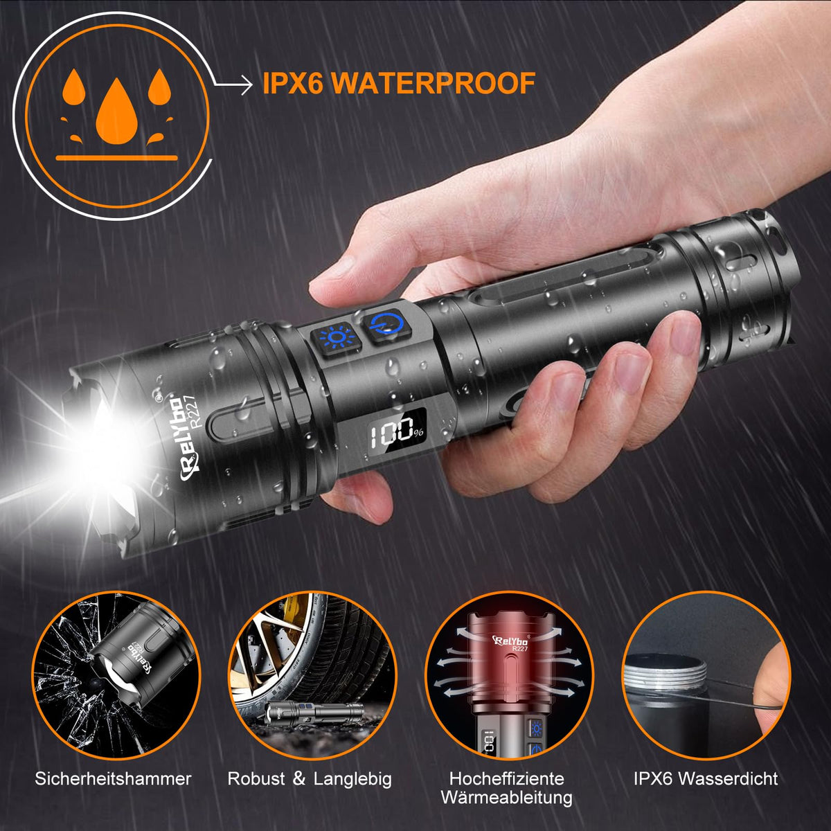 Relybo R227 rugged aluminum body with IPX6 protection against weather