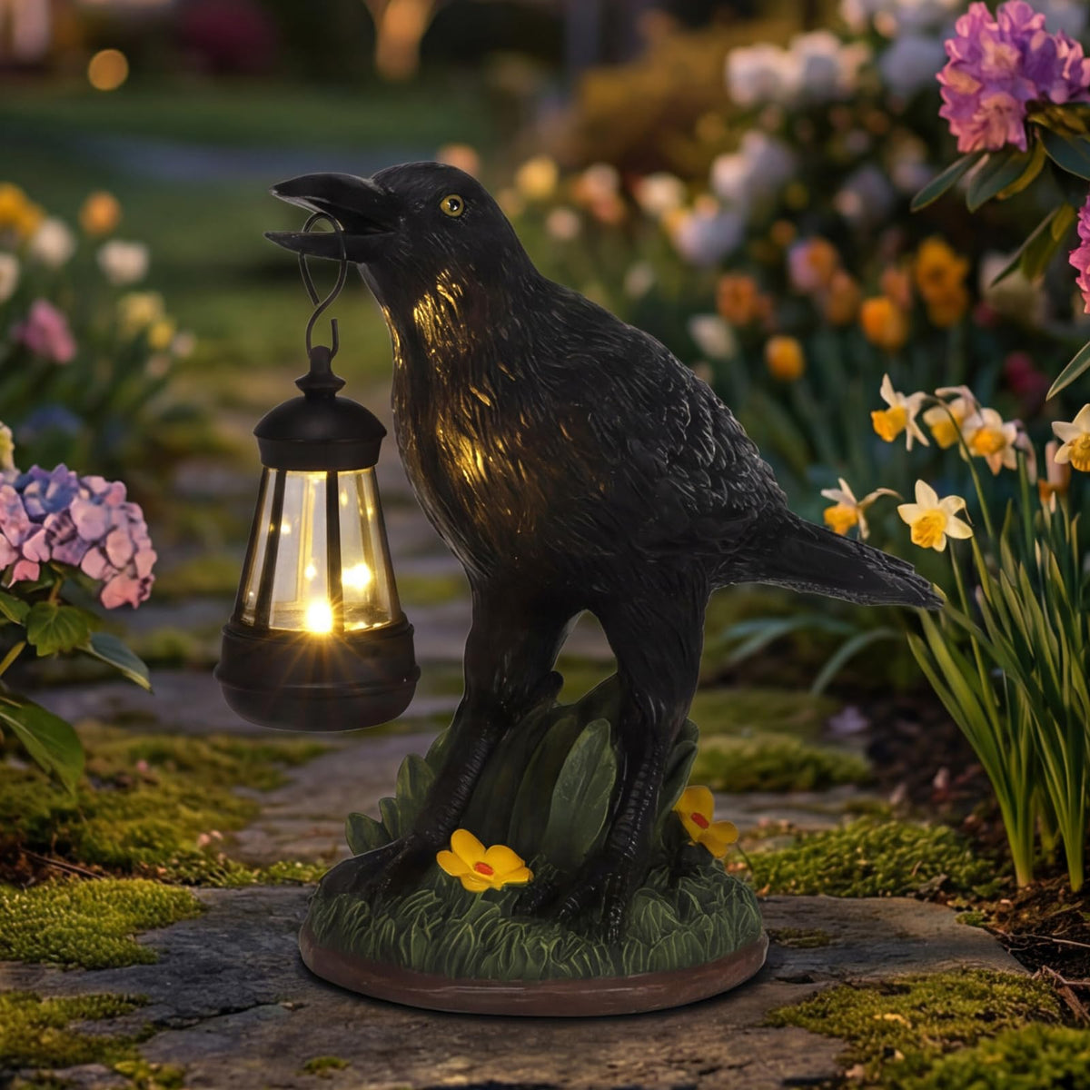 Rempry solar crow statue garden – lifelike detail enhances outdoor curb appeal.