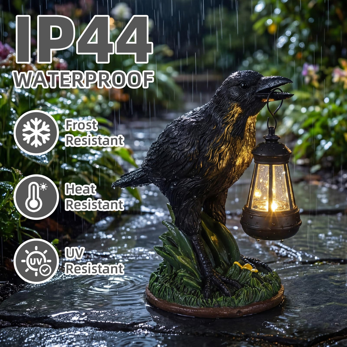 Rempry UV-protected crow garden art – retains color year-round.