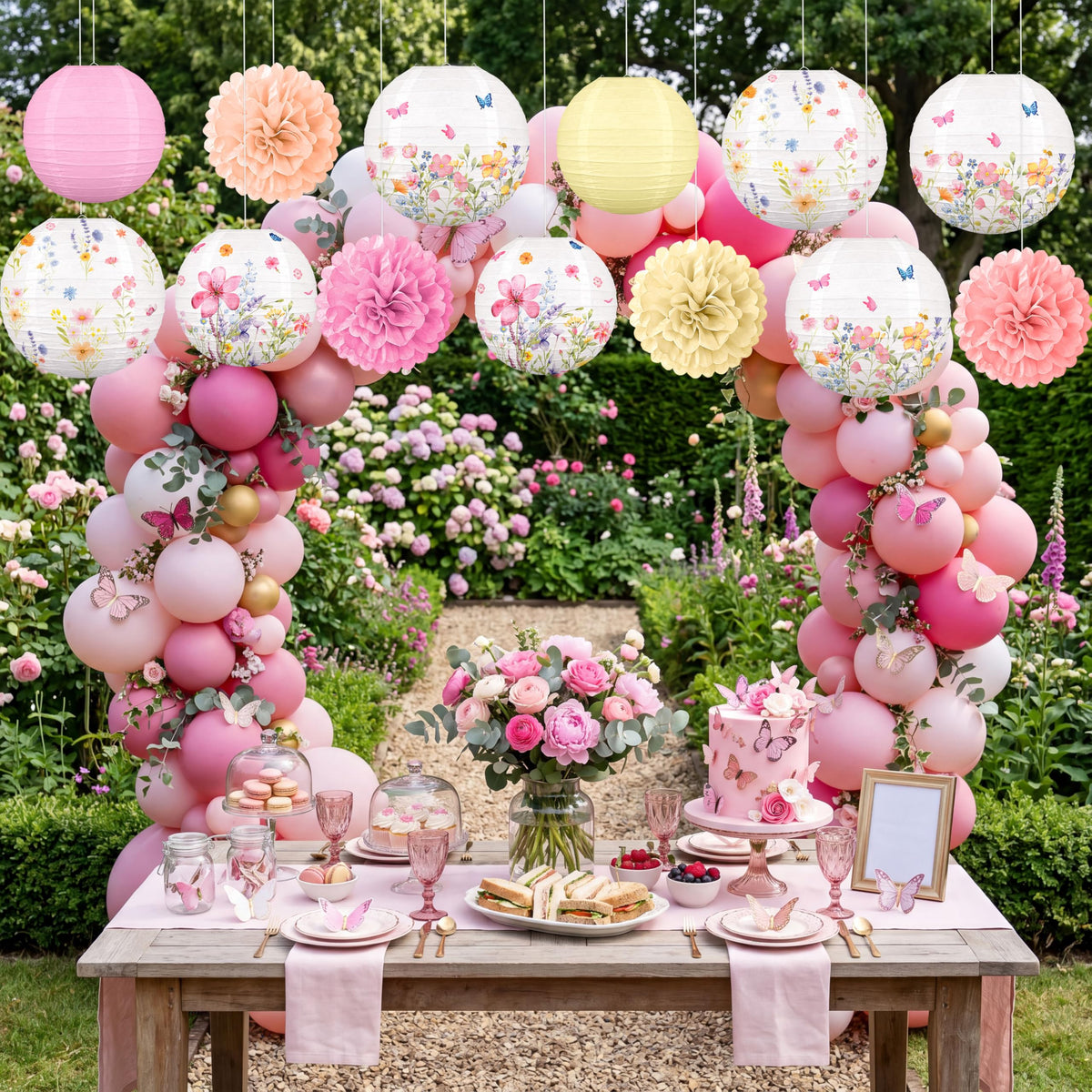 Renbuzhu tea garden party setup with lanterns and pom poms for festive flair