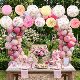 Renbuzhu tea garden party setup with lanterns and pom poms for festive flair