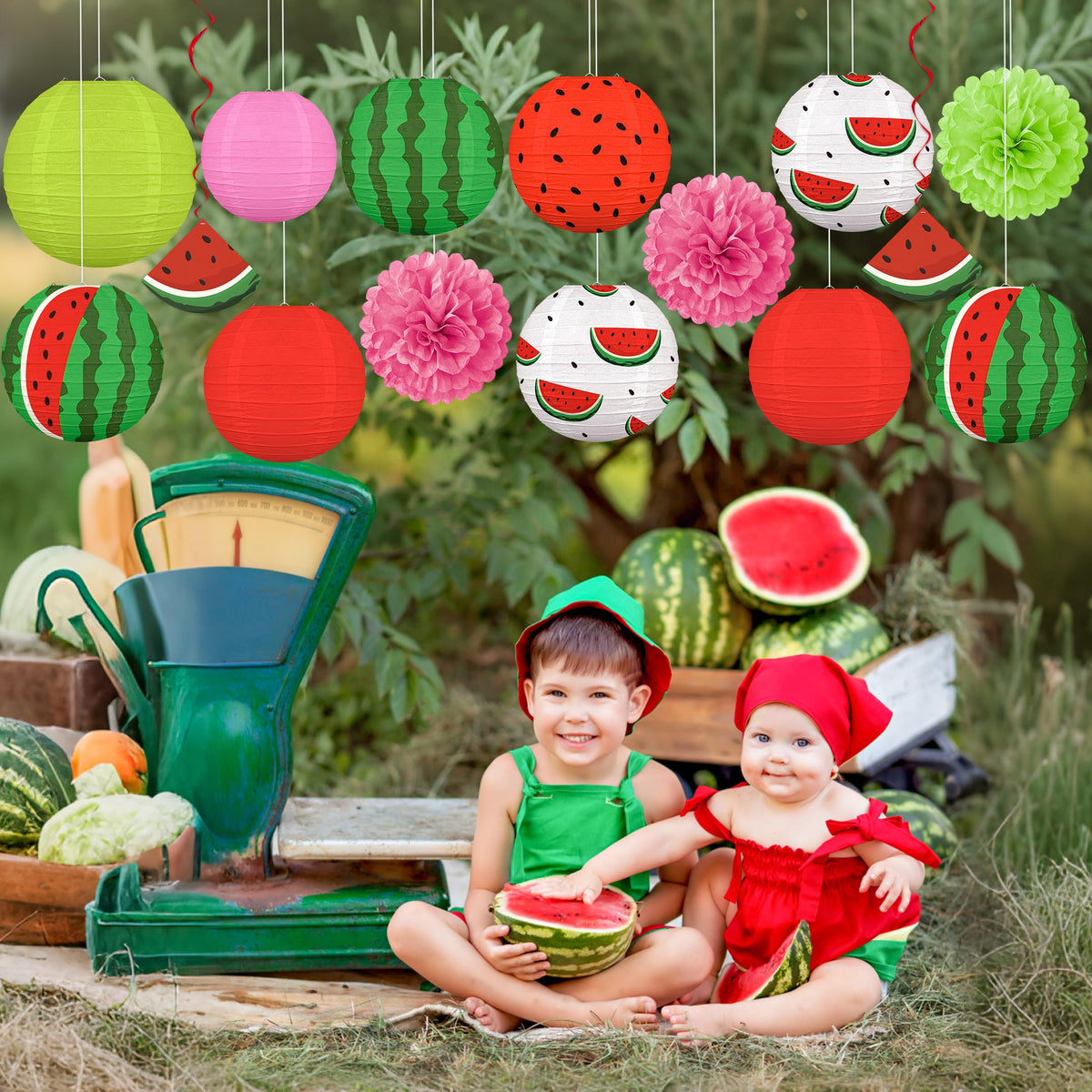 Renbuzhu watermelon lanterns in eight inch size add color to indoor events.
