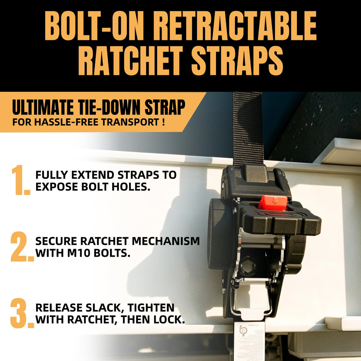 Renegrip ratchet mechanism closeup highlights easy tensioning and reliable binding.