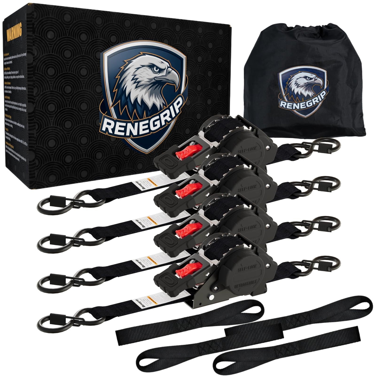 Renegrip retractable strap extended demonstrates secure cargo fastening for trucks.