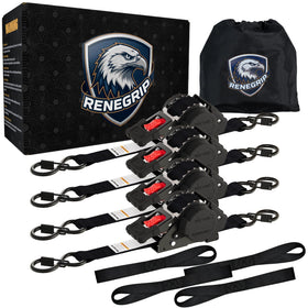 Renegrip retractable strap extended demonstrates secure cargo fastening for trucks.