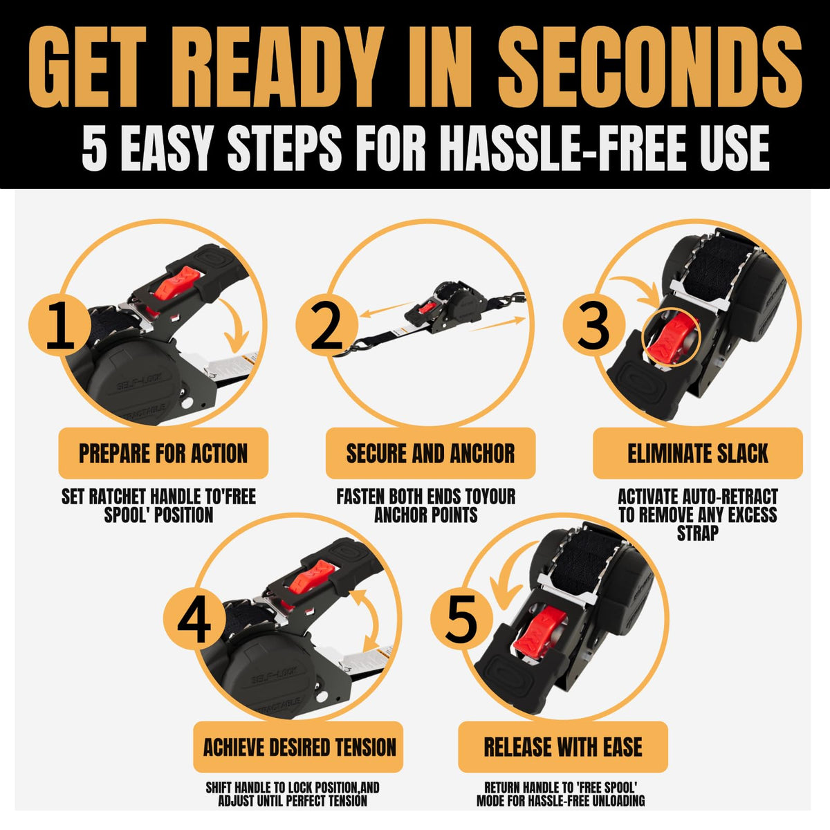 Renegrip truck bed cargo strap secures tools and equipment with consistent tension.