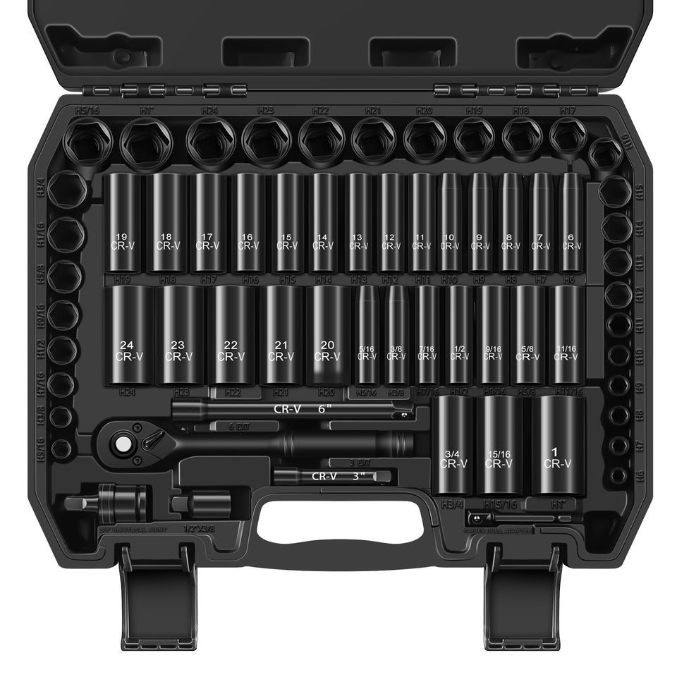 Reniteco 64-piece three-eighths drive socket set with organized storage for quick work
