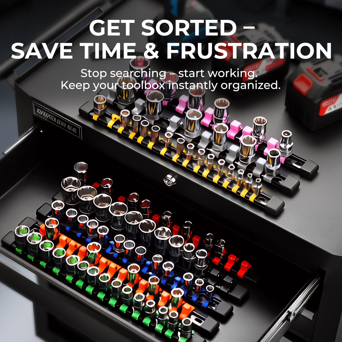 Reniteco 9-track socket organizer keeps 1/4, 3/8, 1/2 sets neatly separated.