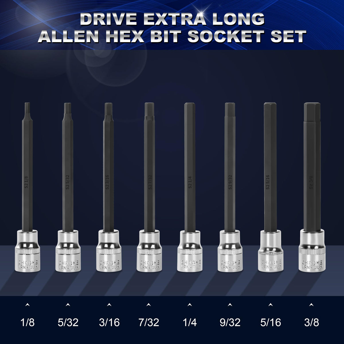 Reniteco extra-long hex-bit sockets provide reach in tight spaces.