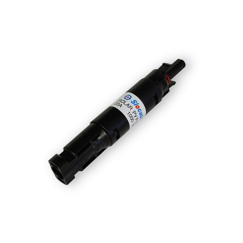 Renogy waterproof in-line fuse holder with 20A connectors protects solar panels from surges.