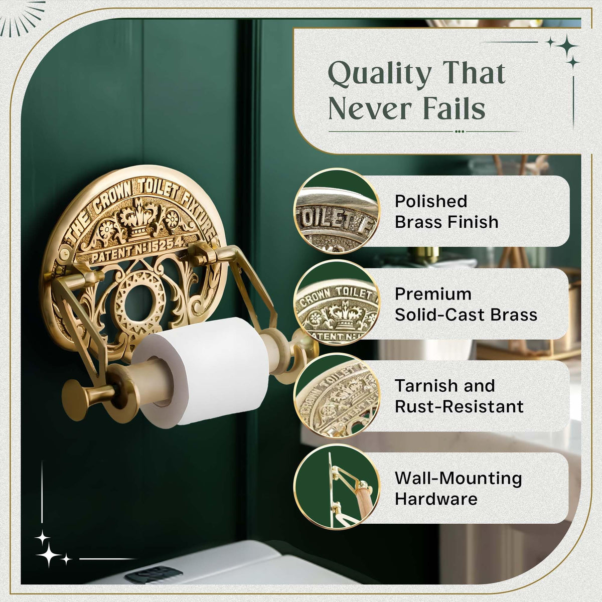 Renovators brass holder supports jumbo rolls, reducing replacement frequency in busy bathrooms.