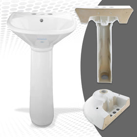 Renovators Ondine pedestal sink side profile highlights space-saving design for powder rooms.