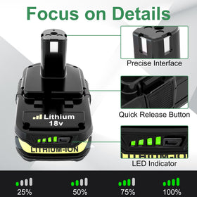 Reoben Ryobi 18V battery side view emphasizes lightweight design for comfort