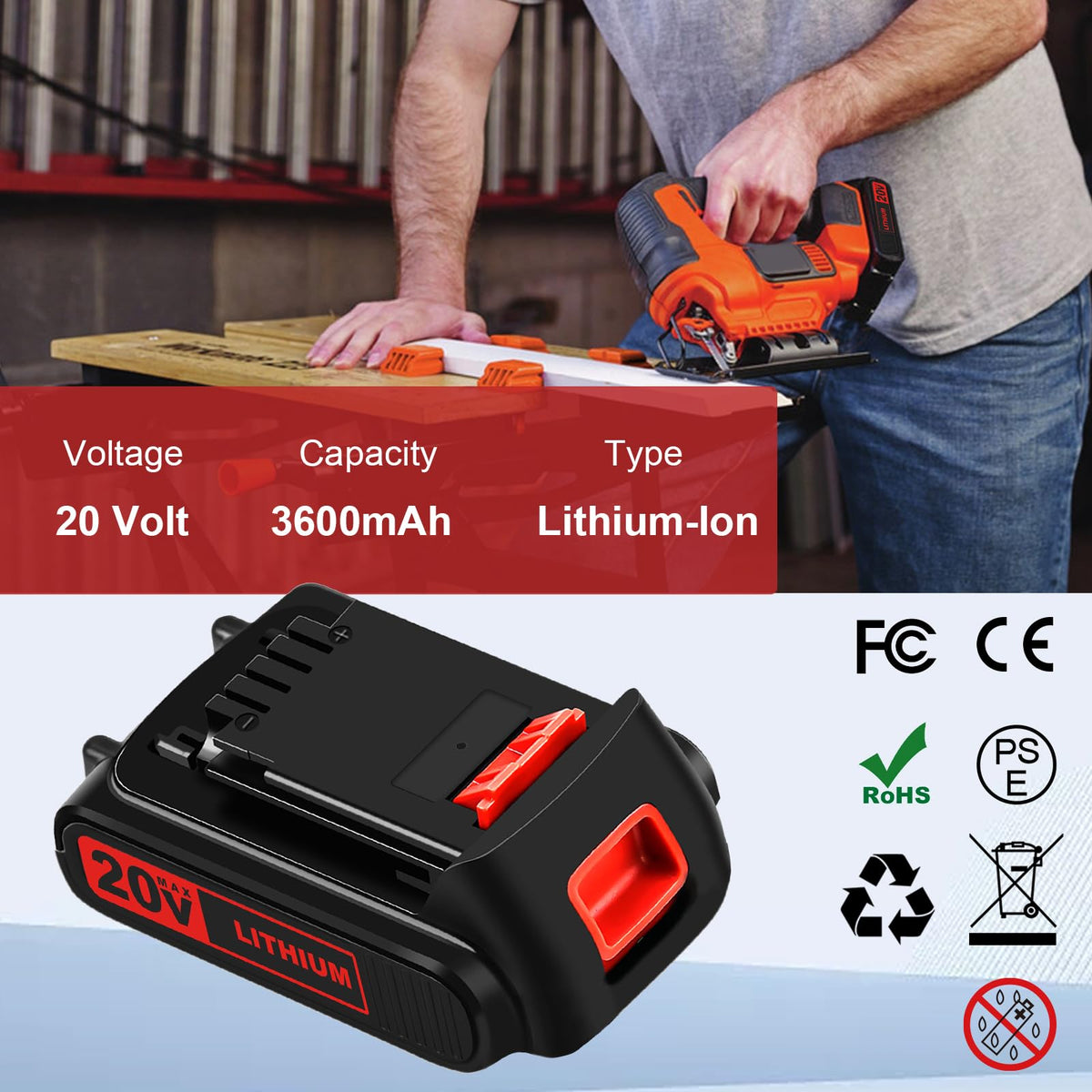 Reoben LBXR20 battery side view highlights easy grip and quick replacement.