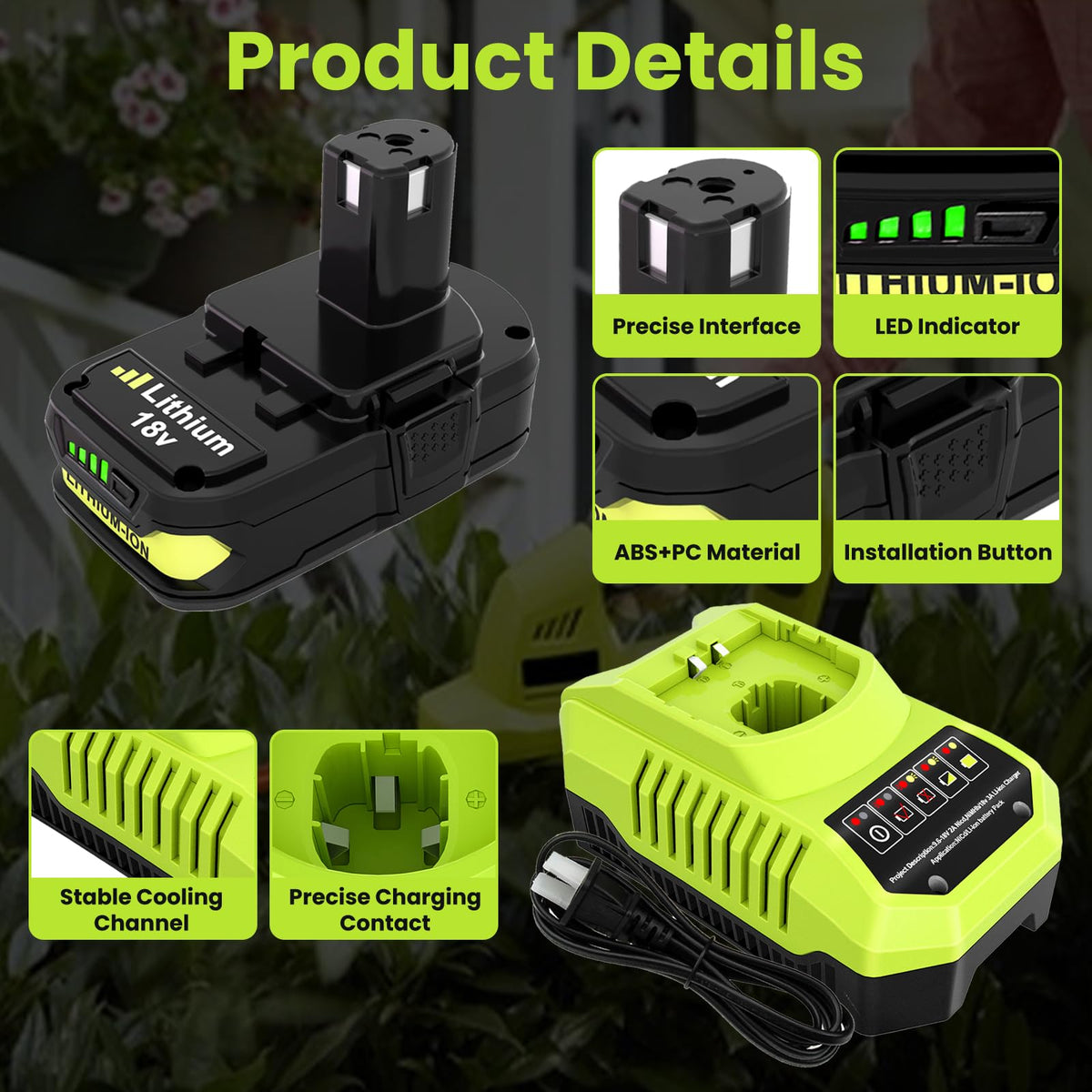 Reoben Ryobi 18V battery replacement fits drills, saws, and trimmers.