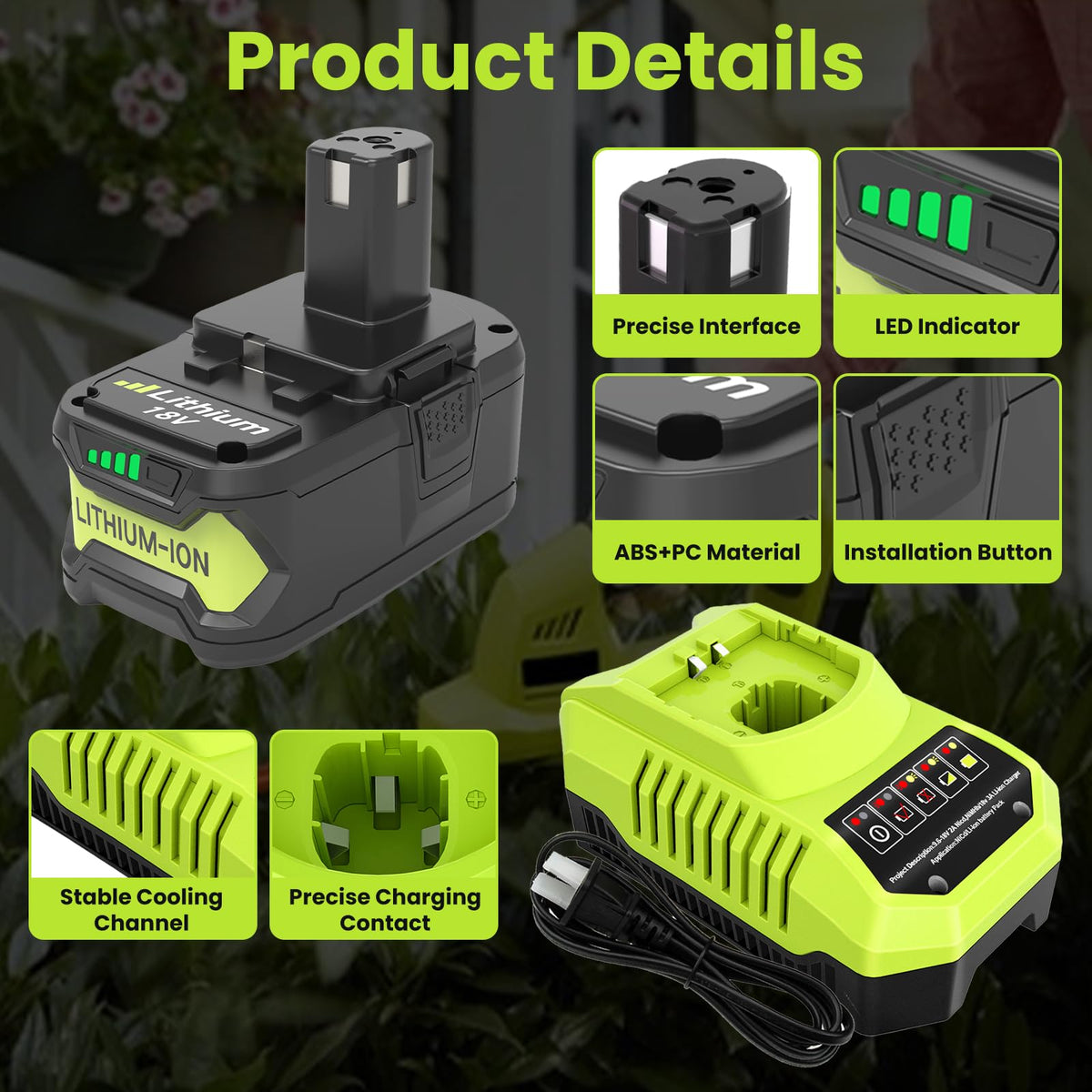 Reoben Ryobi 18V battery compatibility with multiple P102–P109 models.