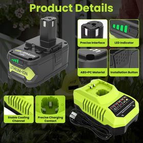 Reoben Ryobi 18V battery compatibility with multiple P102–P109 models.