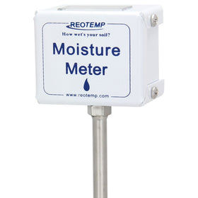 REOTEMP 15-inch moisture meter stem immersed in soil, indicating relative moisture for garden beds.