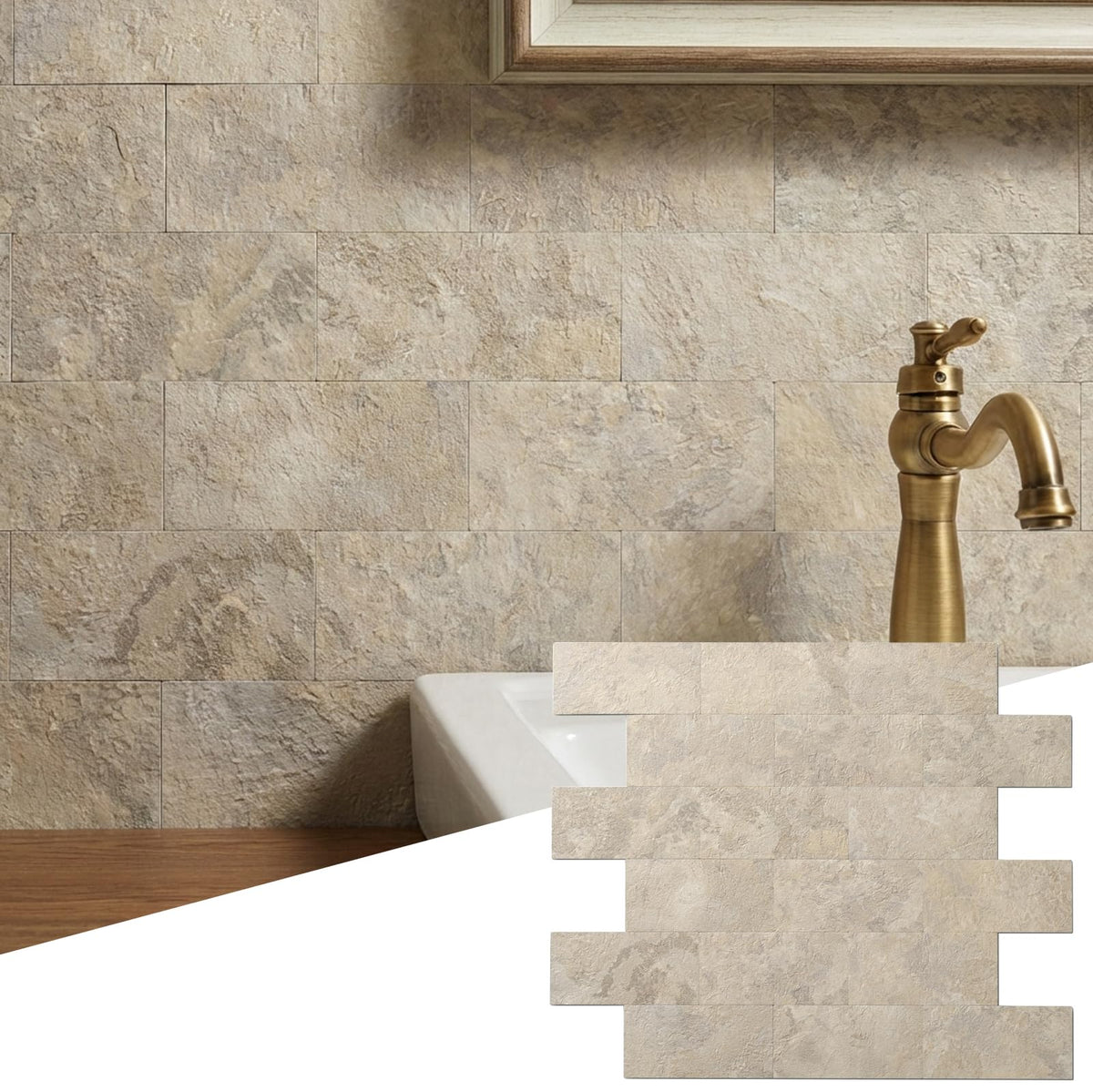 Reovatile beige ecru peel-stick backsplash tile with distressed wood texture for easy kitchen updates.