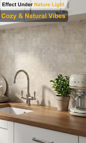 Reovatile distressed wood texture tile suitable for bathrooms and laundry rooms.