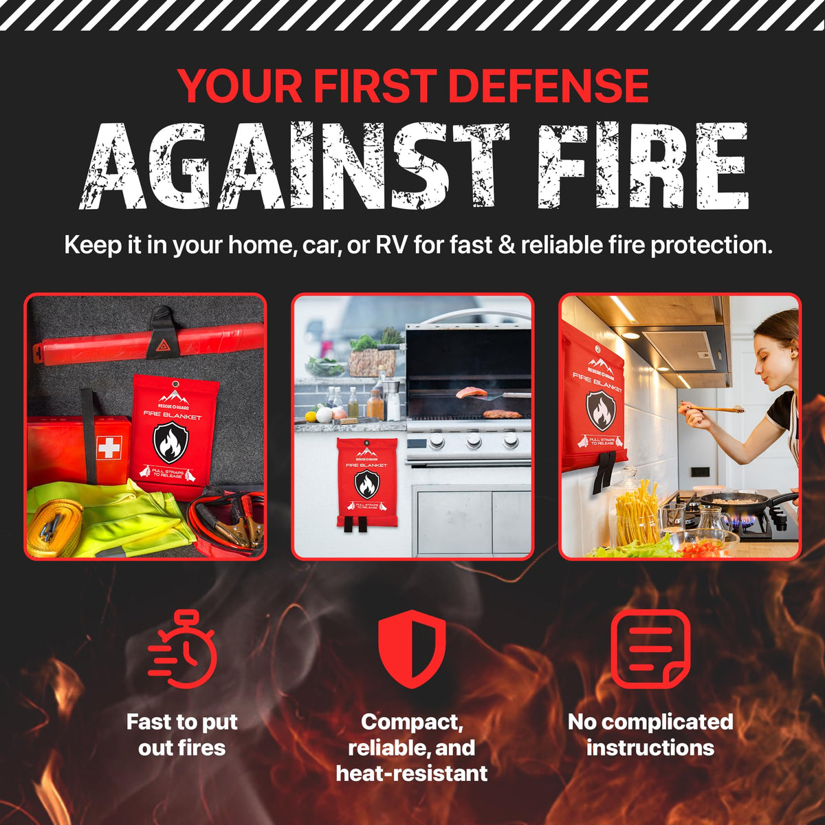 RESCUE GUARD fire blanket in kitchen use helps control grease fires safely.