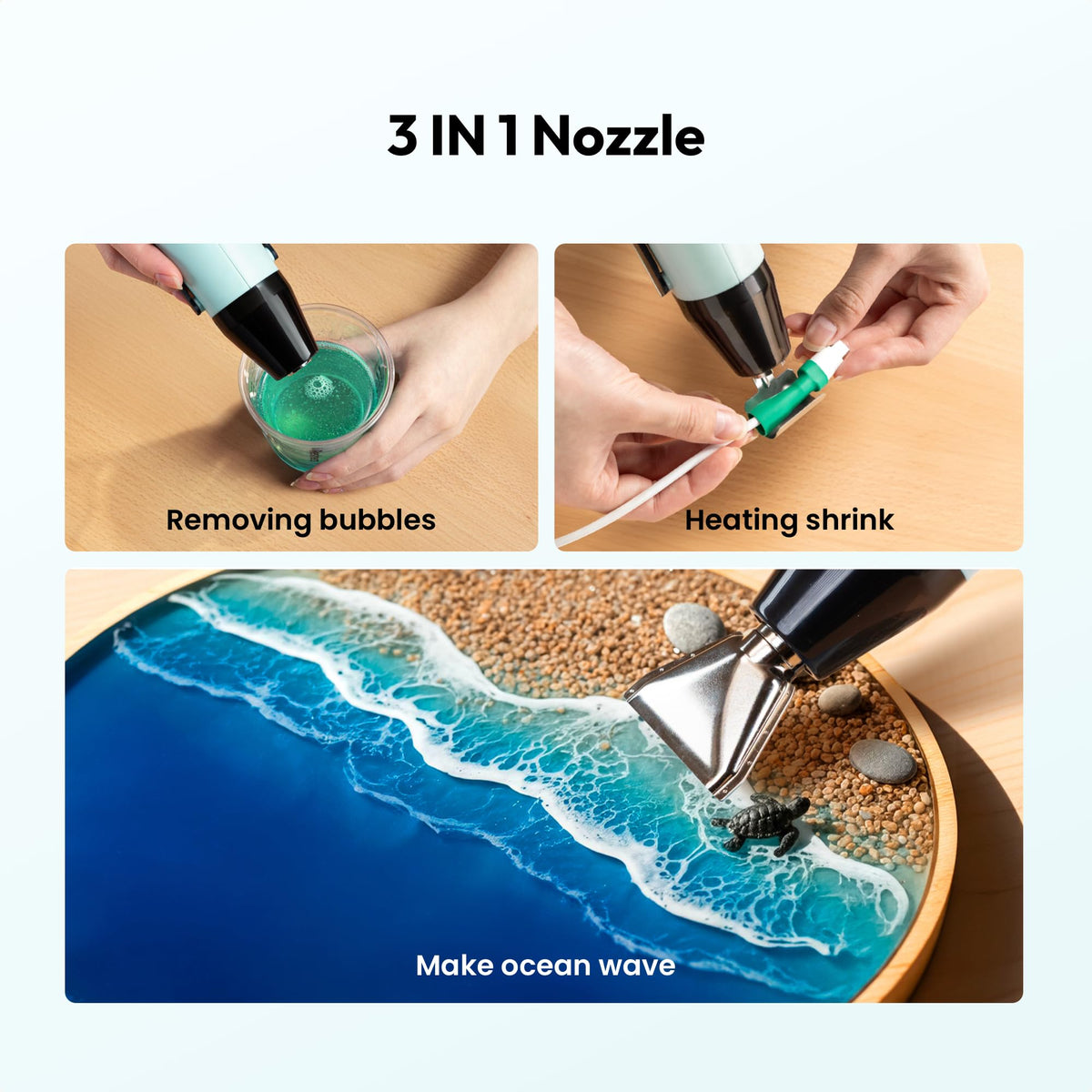 Resiners heat gun deflector nozzle for controlled airflow and cleaner resin surfaces