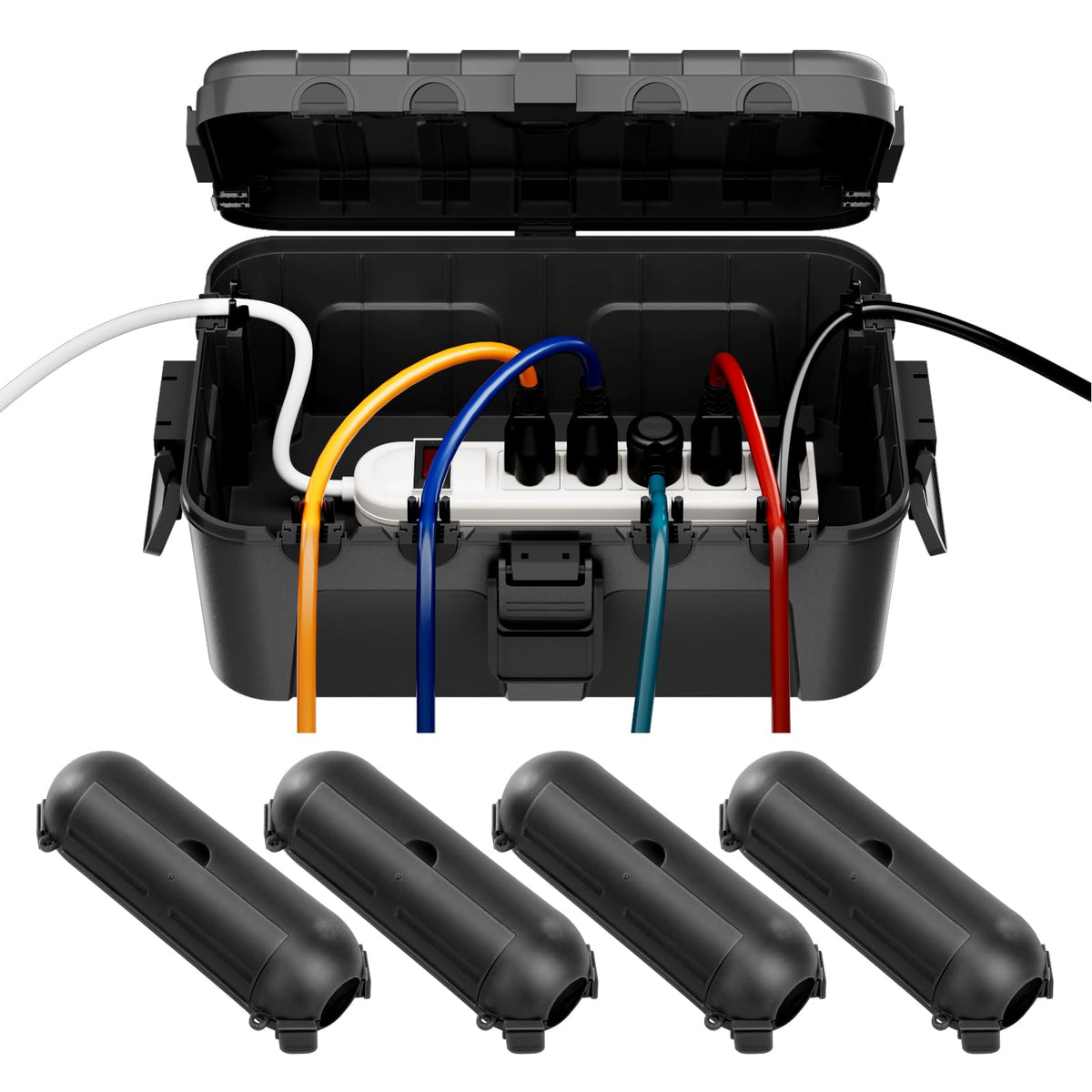 Restmo outdoor box large front view protects power strips outdoors.