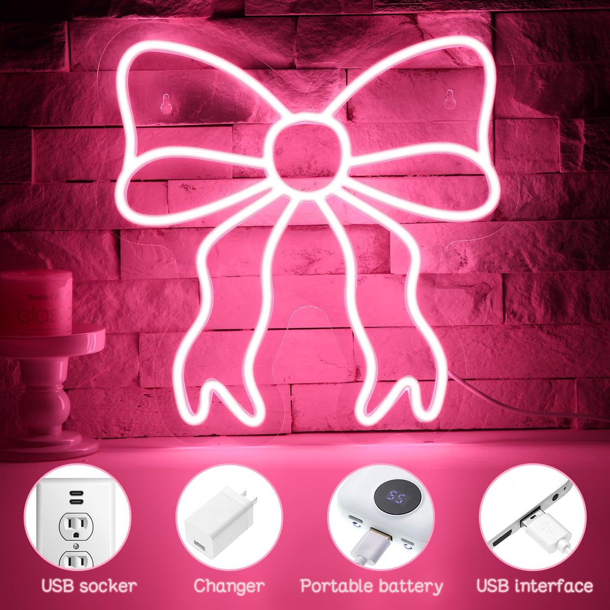 Retisee pink bow neon sign in dorm room creating inviting ambiance