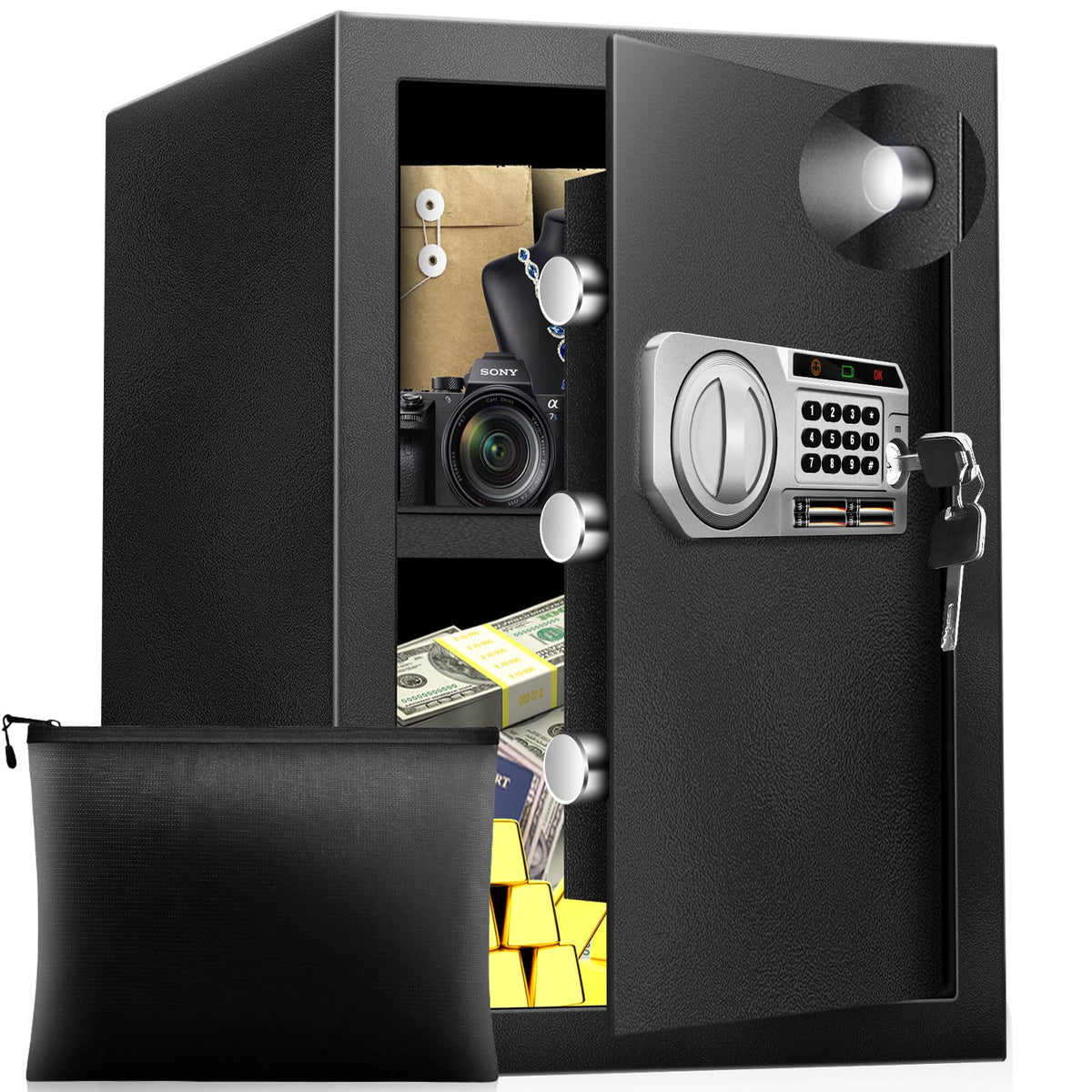 RETLLAS 2.5 Cu Ft Safe Box front view showcases rugged steel build for secure home storage