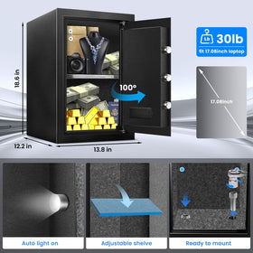 RETLLAS 2.5 Cu Ft Safe Box interior LED light aids visibility in dim spaces