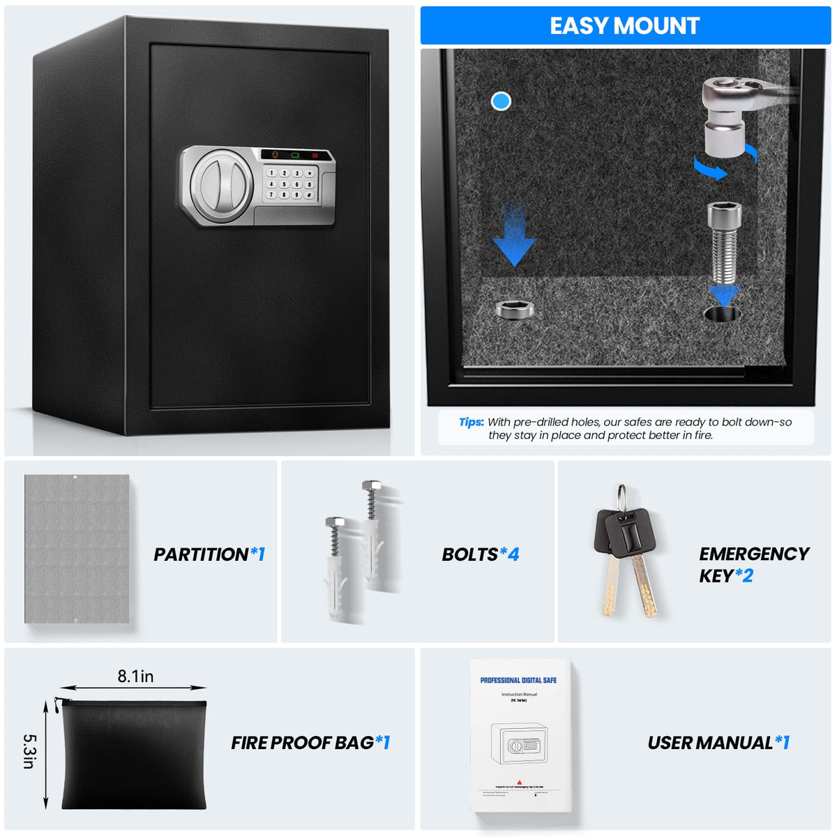RETLLAS 2.5 Cu Ft Safe Box wall-mount holes support secure installation