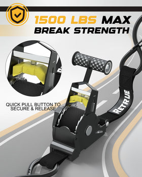 RETRUE auto-lock system with yellow tab for quick, reliable tensioning.