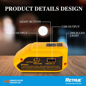 RETRUE DeWalt 20V USB Charger front view highlights dual USB ports for versatile charging