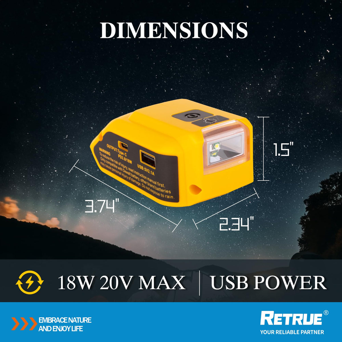 RETRUE DeWalt 20V USB Charger with safety protections for reliable use