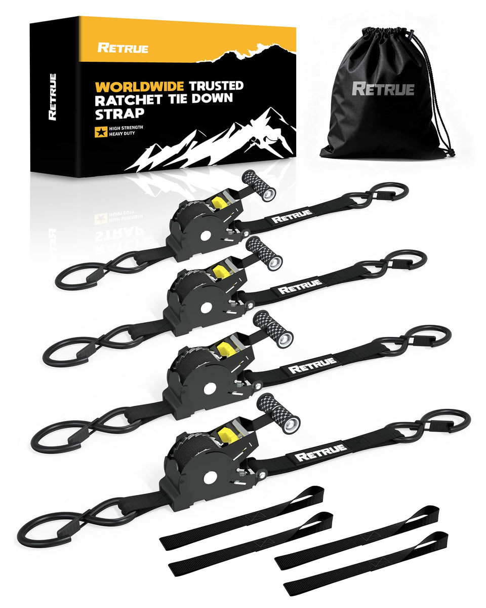 RETRUE heavy-duty self-retracting ratchet strap in 1in x 10ft for secure cargo.