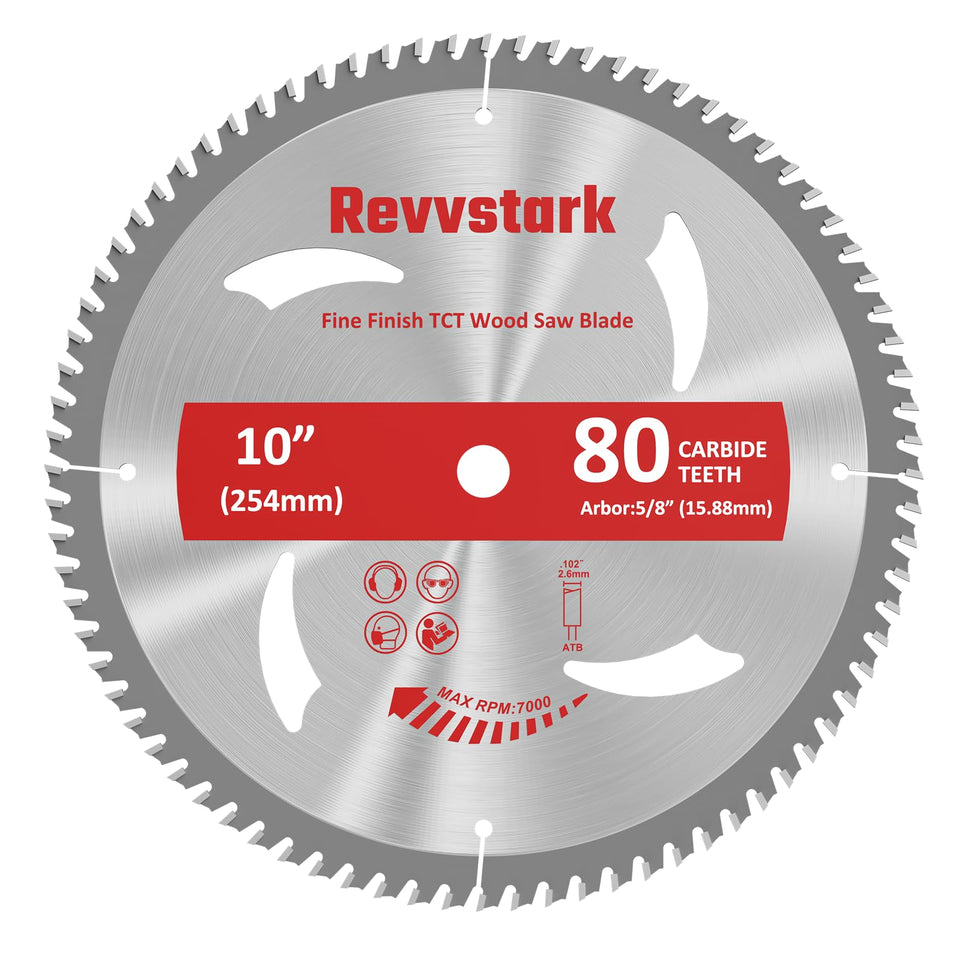 Revvstark 10 inch table saw blade showing crisp edges for precise woodworking