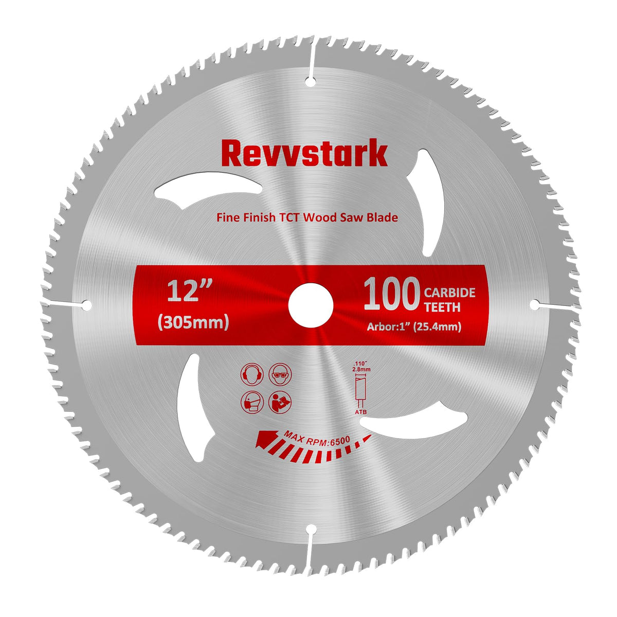 Revvstark 12-inch 100T TCT blade close-up for precise, clean cuts