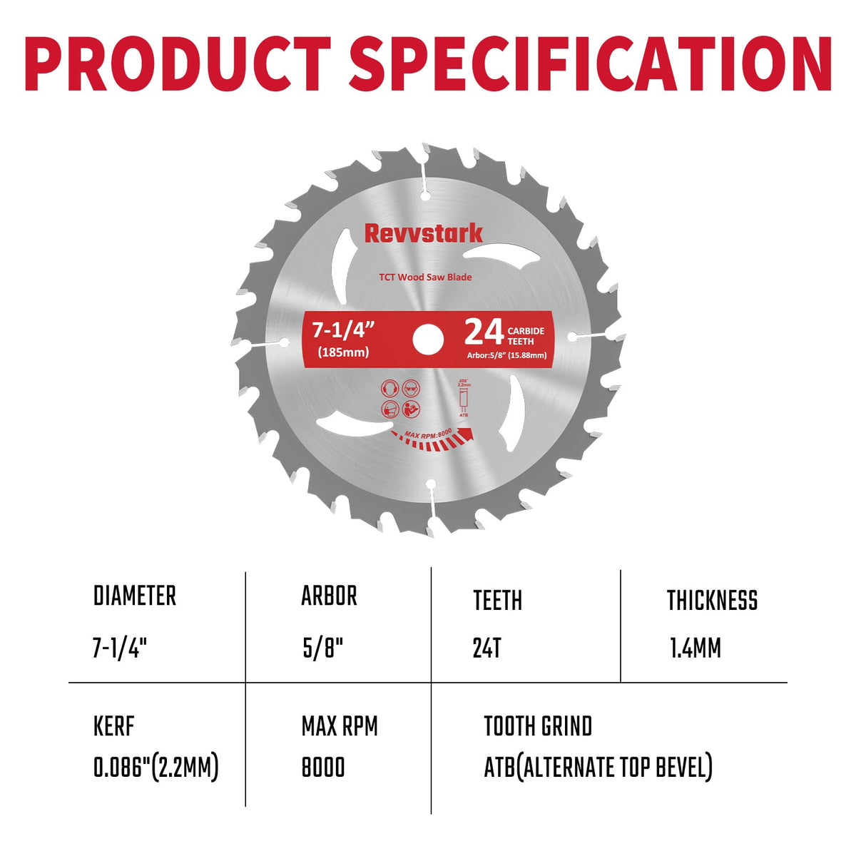 Revvstark 24-tooth carbide blade sharp for fast, clean wood cuts