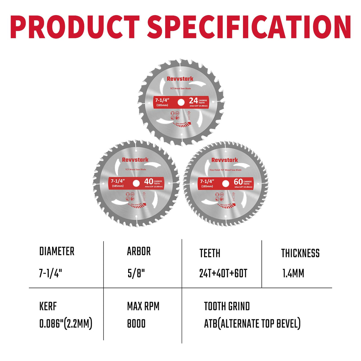 Revvstark 7-1/4 inch 40T ripping blade for clean crosscuts and efficient ripping.