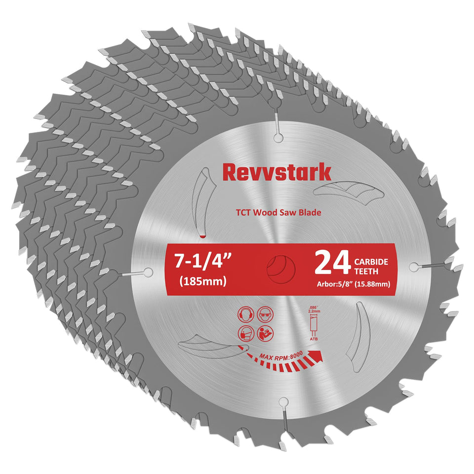 Revvstark 7-1/4 inch blade close-up showing carbide teeth for precise cuts