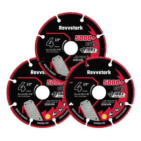Revvstark diamond cutting wheel on grinder enables precise 4-1/2 inch metal cuts.