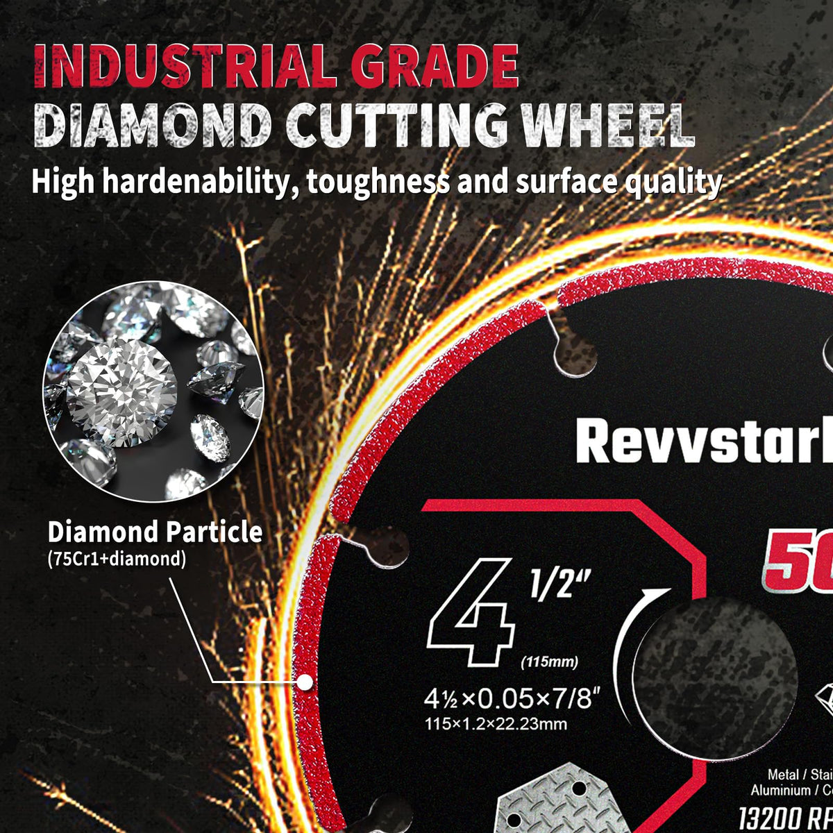 Revvstark wheel with 7/8 inch arbor fits standard grinders for versatile metalwork.