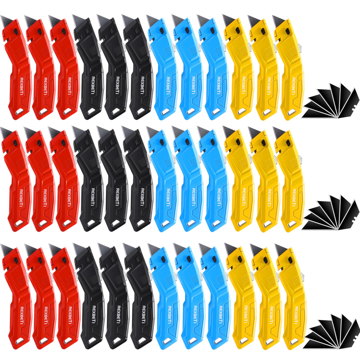 REXBETI 36-pack retractable box cutter red handle ideal for quick carton opening.