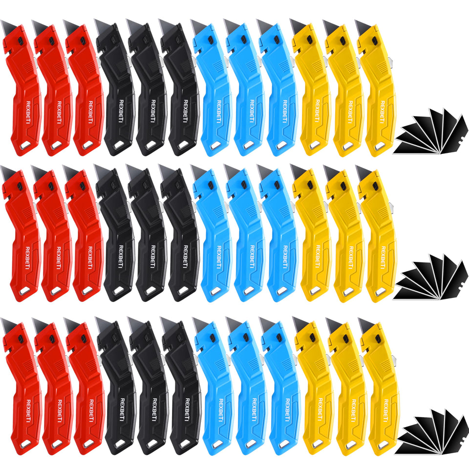 REXBETI 36-pack retractable box cutter red handle ideal for quick carton opening.