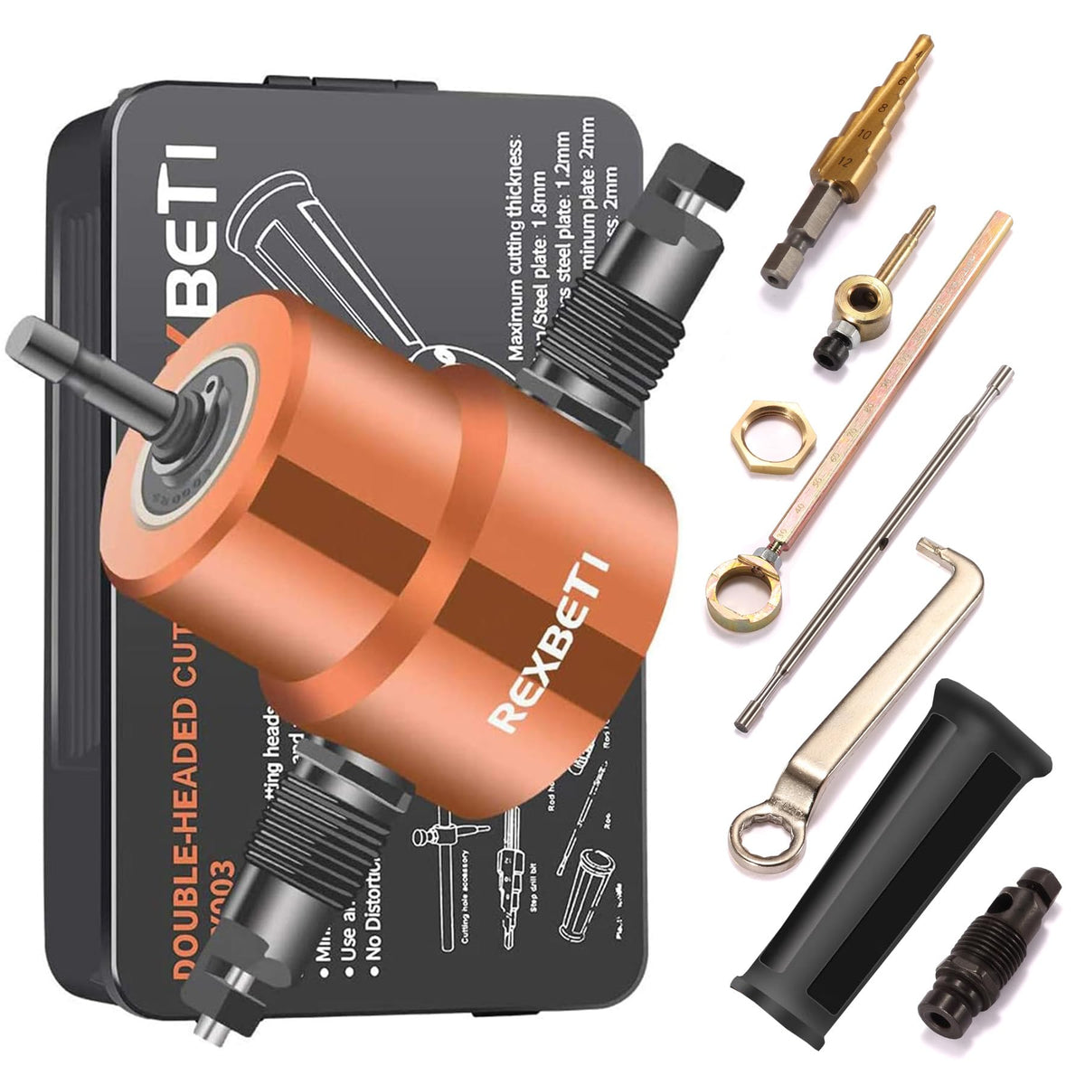 REXBETI double-headed nibbler with 360-degree cutting head for curved and straight cuts.