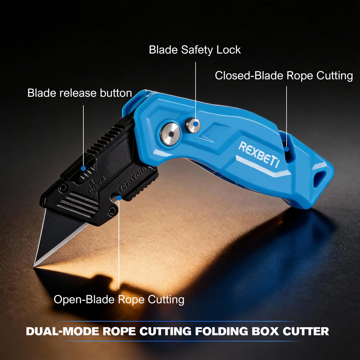 REXBETI folding mechanism protects blade when stored.