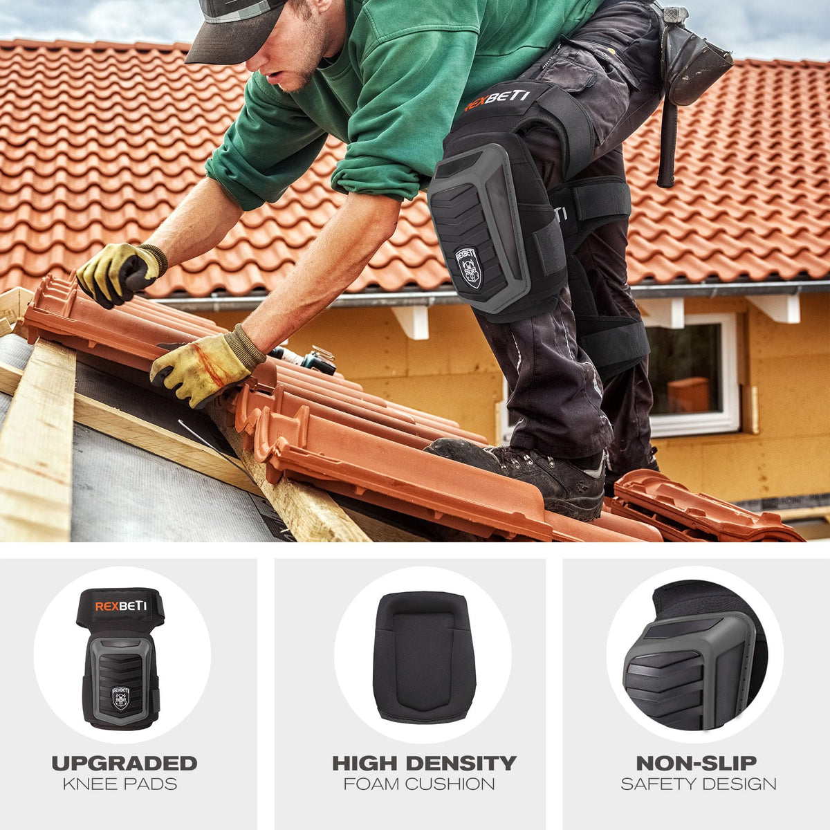 REXBETI knee pads showing four extension straps for adjustable fit